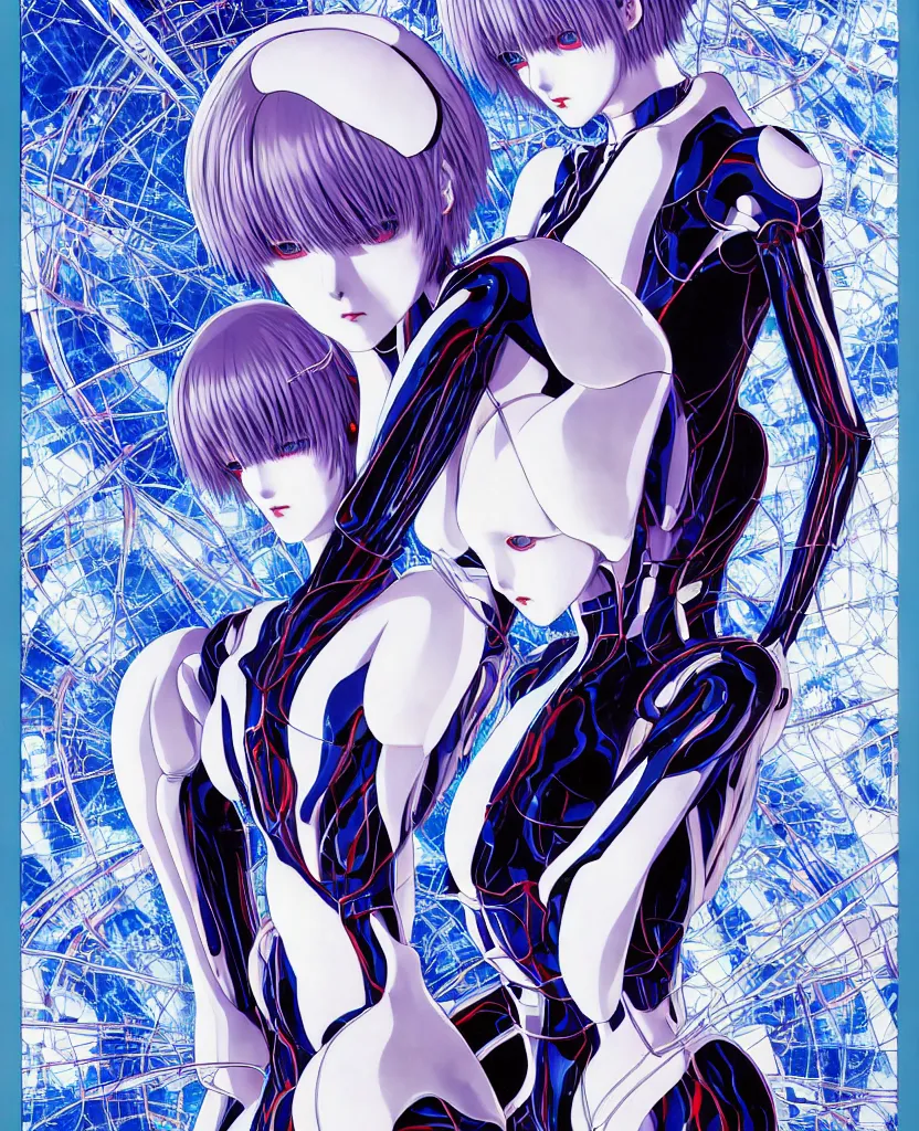 Image similar to symmetrical, rei ayanami, depth perception, depth of field, high resolution, action horror, gothic, rich deep colors. by yoshitaka amano, by yukito kishiro, by yoshiyuki sadamoto, masterpiece, composition of perspective fractal grids, science of energy, signal processing, music and entertainment