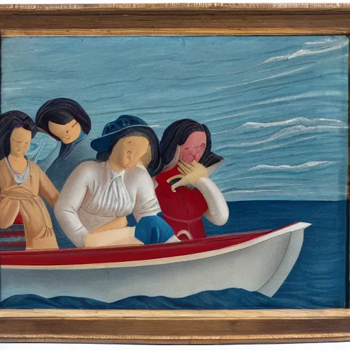 Image similar to by lawren harris monumental, washed - out. the sculpture of a group of well - dressed women & children enjoying a leisurely boat ride on a calm day. the women are chatting & laughing while the children play with a toy boat in the foreground.