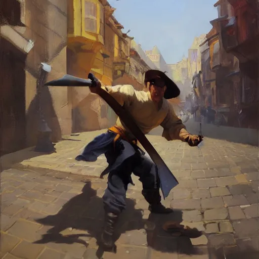 Image similar to greg manchess portrait of a man falling over a sword stuck between cobblestones, profile picture, organic painting, sunny day, matte painting, bold shapes, hard edges, street art, trending on artstation, by huang guangjian, gil elvgren, ruan jia, randy vargas, greg rutkowski