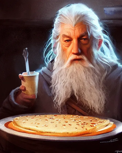 Image similar to gandalf eating a big mac, greg rutkowski, esuthio, craig mullins, cinematic lighting, gloomy