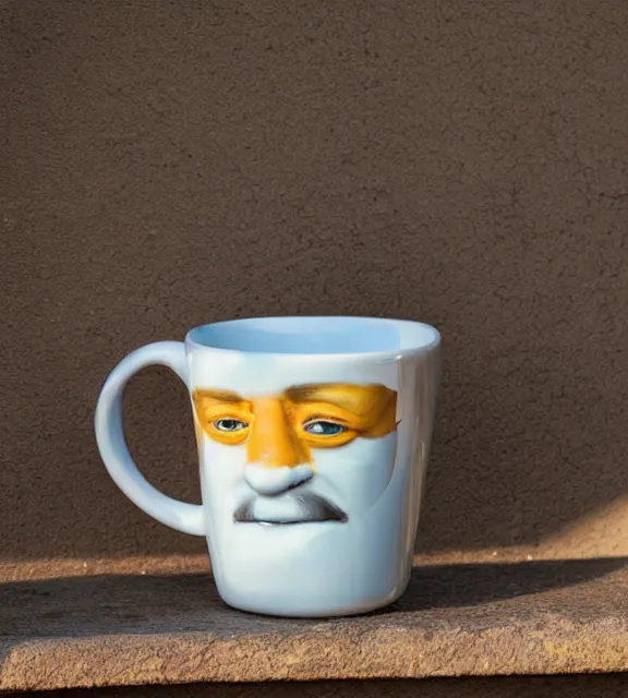 Image similar to a 4 k photorealistic photo close up of a mug on a sunny windowsill.