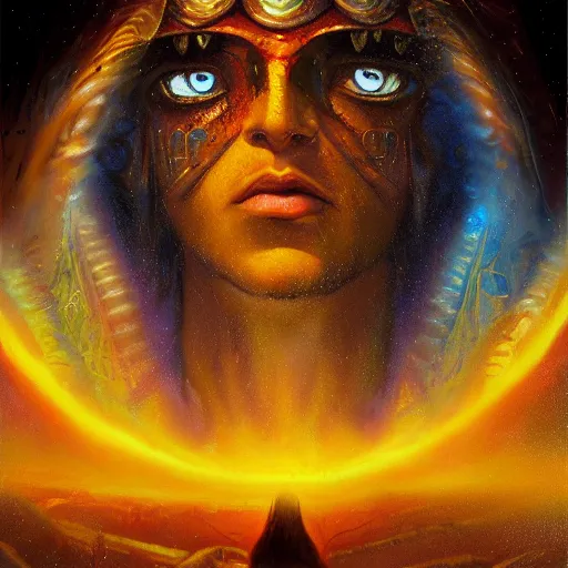 Image similar to ''cinematic shot'' of an inca sun god brown muscular body sweaty skin beutiful face long hair tan skin with the power of a galaxy casper david friedrich raphael lacoste vladimir kush leis royo volumetric light effect broad light oil painting painting fantasy art style sci - fi art style realism premium prints available artwork unreal engine