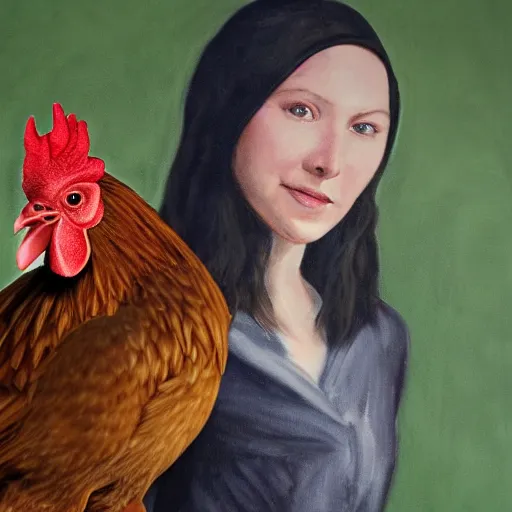 Prompt: A realistic image of a very sas woman holding a rooster in her hands, ultra high detail, 8k.