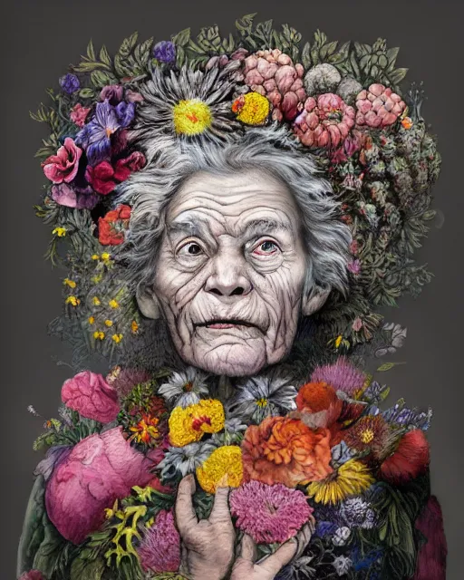 Image similar to a portrait of a fleshy old woman covered in flowers in the style of guiseppe arcimboldo and james jean, covered in wispy gray hair with a hint of neon, hd 3 d, highly detailed and intricate.