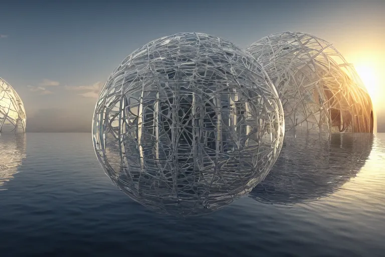 Image similar to many white round spherical buildings are combined to form a building, it depends on each other to form a modern science fiction building ， by pierre bernard, on the calm lake, people's perspective, future, interior wood, marble, award winning, highly detailed 4 k art, dusk, unreal engine highly rendered, global illumination, radial light, internal environment