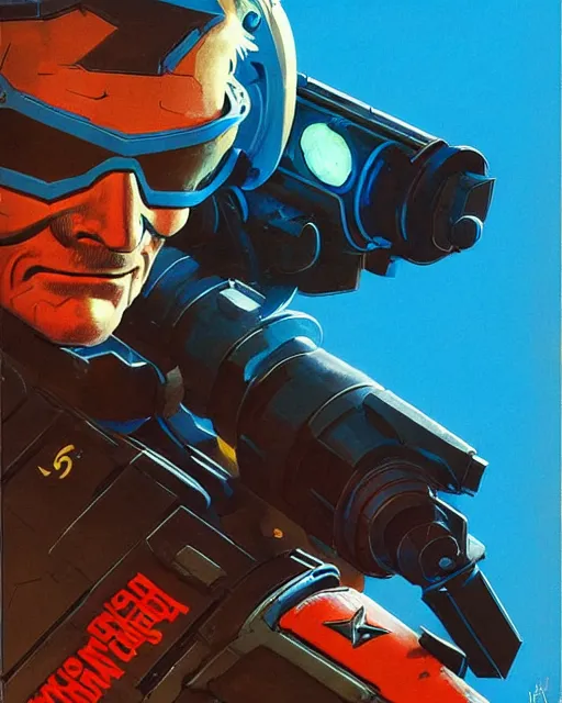 Image similar to soldier 7 6 from overwatch, character portrait, portrait, close up, concept art, intricate details, highly detailed, vintage sci - fi poster, retro future, in the style of chris foss, rodger dean, moebius, michael whelan, and gustave dore