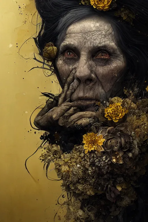 Image similar to portrait of hairy old woman with diluted aquarelle painted skin. close up. very dark black hair, large gold eyes. intricate dark flowers pattern on background, high detail, by Peter mohrbacher and Eddie Mendoza