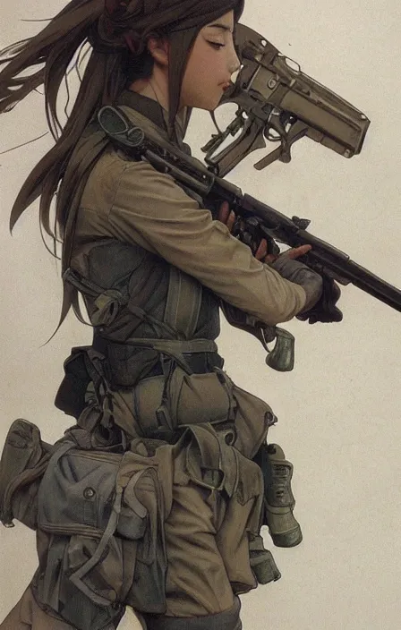 Prompt: infantry girl, anime style, symmetrical facial features long hair, hair down, under heavy fire, explosions, hyper realistic, pale skin, rule of thirds, extreme detail, 4 k, detailed drawing, trending artstation, realistic shading, visual novel cg, by alphonse mucha, greg rutkowski, sharp focus, backlit, fast helmet