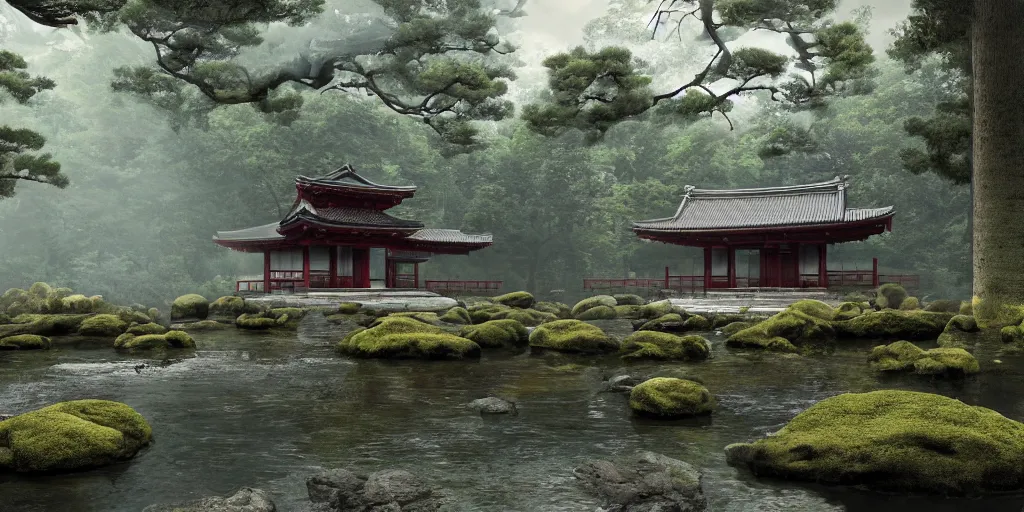 Image similar to a ancient japanese temple in the middle of a forest mear a small river, extremely highly detailed, high quality, 8K HDR, octane render, unreal engine 5, hyperrealistic, concept art, trending on Artstation, dramatic lighting, cinematic, high coherence, path tracing, ruins, clouds in the sky, singular building, centered