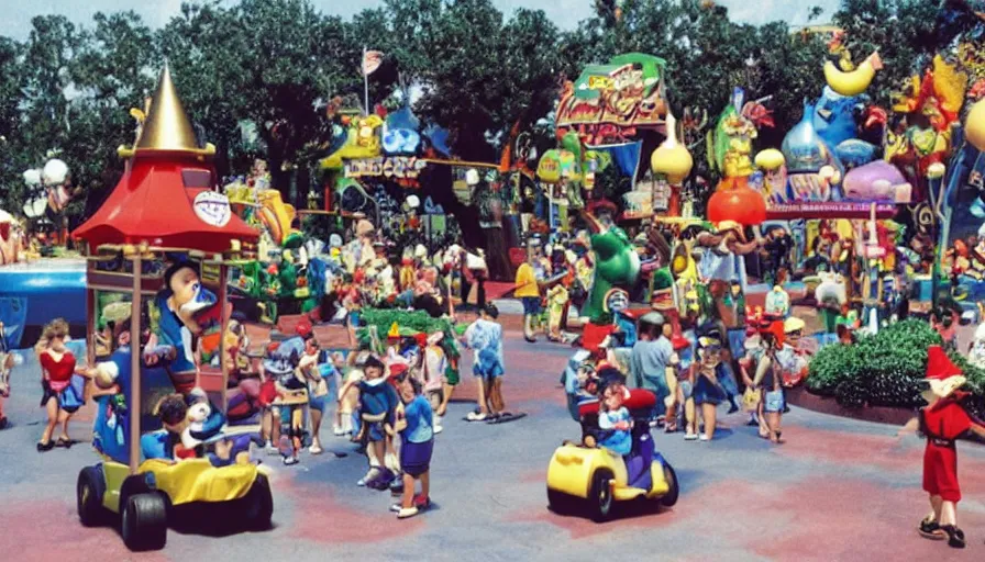 Prompt: 1990s photo of inside the Magic Cats Silly Hat Town ride at Disney World in Orlando, Florida, children riding on tiny ice cream trucks through a Gnome village , slime mice, Bears, business men, cinematic, UHD