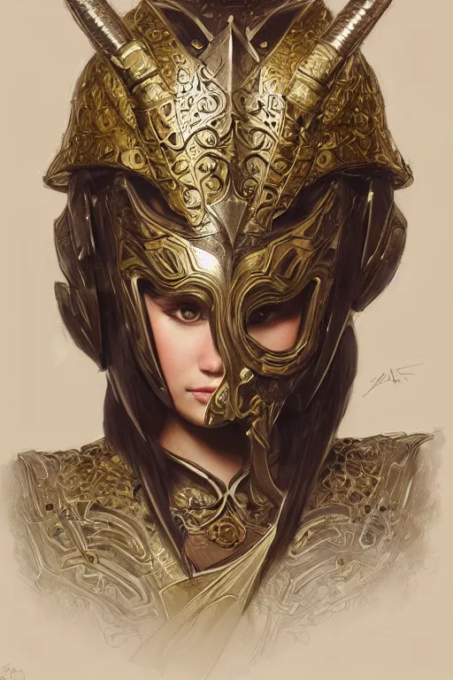 Image similar to attractive young female, ornate metallic helmet, battle armor, olive skin, long dark hair, beautiful bone structure, intricate, elegant, highly detailed, digital painting, artstation, concept art, smooth, sharp focus, illustration, art by artgerm and greg rutkowski and alphonse mucha