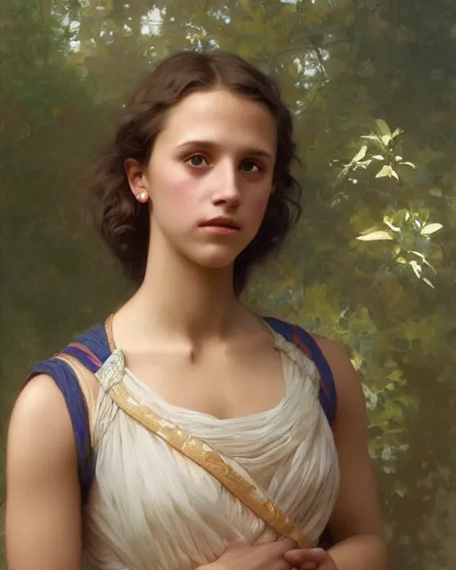 Image similar to a portrait painting of a shy, blushing 1 6 - year old alicia vikander or millie bobby brown, backlit, wearing a greek dress, elegant, highly detailed, artstation, concept art, by krenz cushart and donato giancola and william adolph bouguereau and alphonse mucha