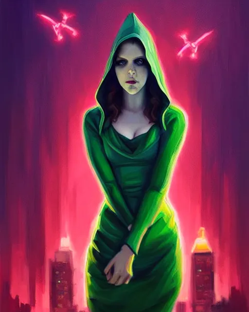 Prompt: Mandy Jurgens art, Irina French art, Rachel Walpole art, cinematics lighting, beautiful Anna Kendrick supervillain, green dress with a black hood, angry, symmetrical face, Symmetrical eyes, full body, flying in the air over city, night time, red mood in background