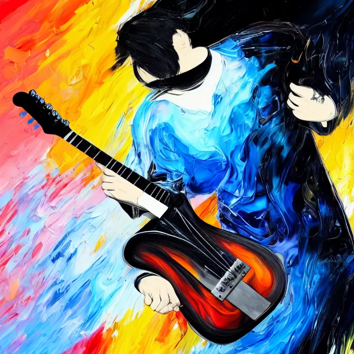 Prompt: abstract large swirly brush strokes painting of a young korean man wearing stylish black v neck t shirt holding a telecaster!!! electric guitar!!, candid!! dark background, huge thick flowing dramatic brush strokes, matte colors, abstract, impressionist, motion, trending on artstation