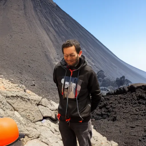 Prompt: Eric Chahi coding a new game on the top of a volcano