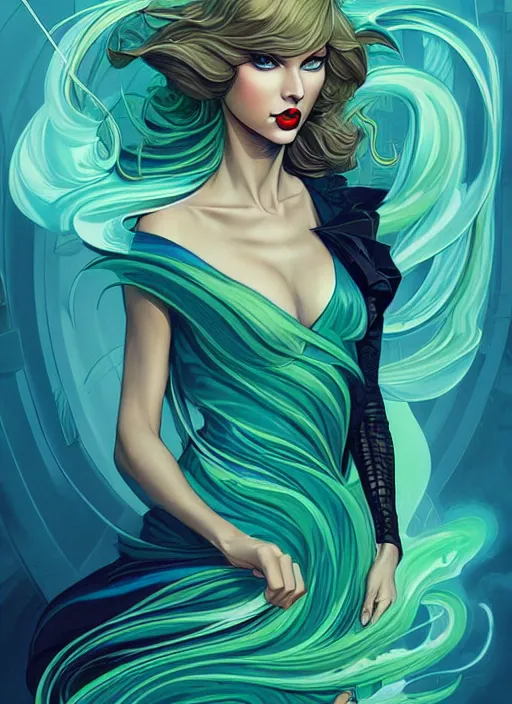 Image similar to style artgerm, joshua middleton, taylor swift with green dress, very long blue hair, swirling water swirling, symmetrical face, symmetrical eyes, steampunk cyberpunk,, cinematic lighting