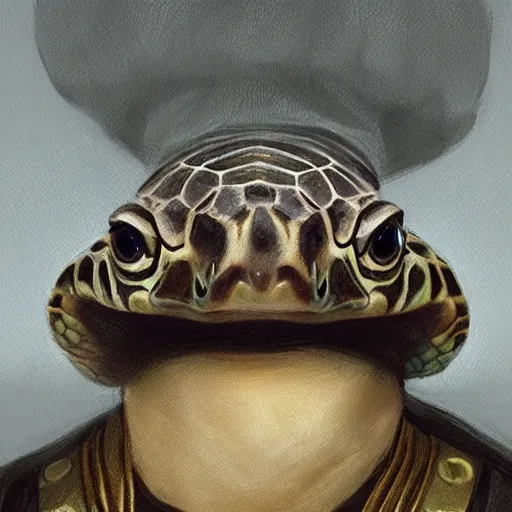 Image similar to regal papal pond turtle wearing a pope hat, D&D, fantasy, portrait, highly detailed, digital painting, trending on artstation, concept art, sharp focus, illustration, art by artgerm, greg rutkowski and magali villeneuve #pope francis #red ear slider turtle #vatican