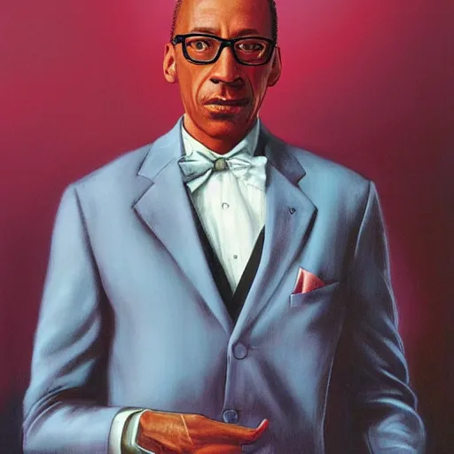 Prompt: Portrait of Gus fring by gerald brom, full body, light pink sunrise, calm atmosphere