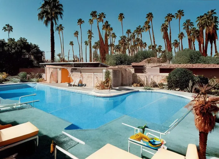 Image similar to a detailed photograph of a palm springs backyard pool in the 1 9 7 0 s by slim aarons, photoreal, 4 k, mist