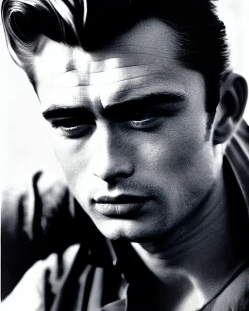 Prompt: genetic cross between james dean and sean connery : : handsome young man with pompadour, sideburns, and slight mullet : : sharp cheekbones, dimpled cheeks and chin, soulful blue eyes, stern lips : : professional color photograph, dynamic lighting, highly detailed