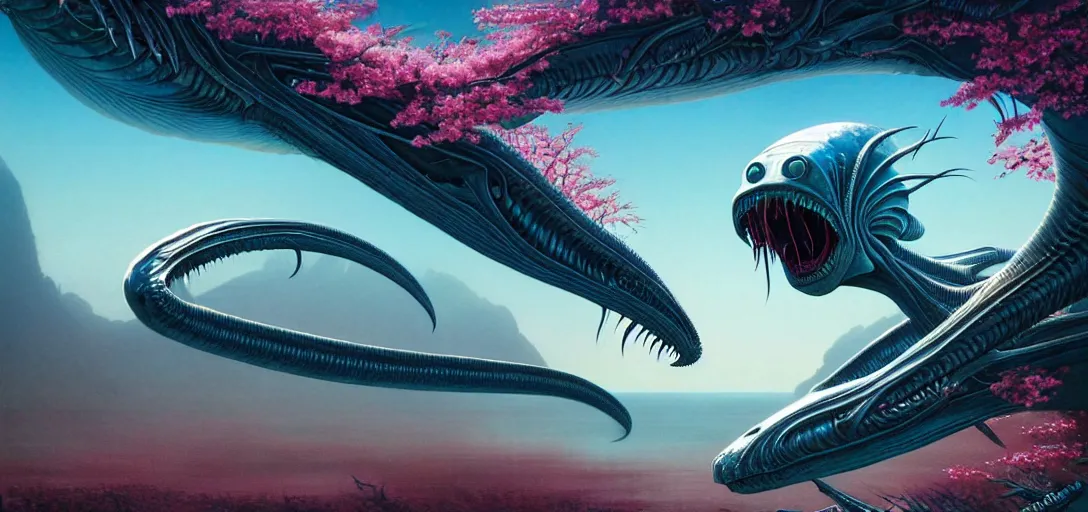 Image similar to photo of an alien fish with long fangs in the style of roger dean, realistic, sharp focus, 8 k high definition, insanely detailed, intricate, elegant, art by greg rutkowski and artgerm, extreme blur cherry blossoms background