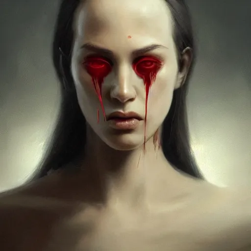 Image similar to painting of a noseless woman, sad, cry, gloomy, blood, fire, intricate, elegant, highly detailed, digital painting, artstation, concept art, matte, sharp focus, illustration, octane render, unreal engine, art by aenaluck and roberto ferri and greg rutkowski, epic fantasy, digital painting