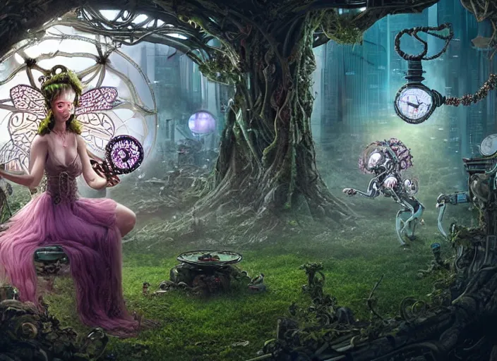 Image similar to intricate mechanical fairy with visible gears having tea with a cyborg gorgon medusa in a magical forest, having tea with a giant minotaur. Very detailed 8k. Fantasy cyberpunk horror. Sharp. Cinematic post-processing