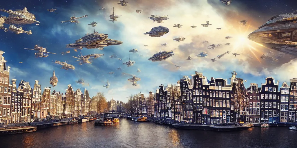 Prompt: city of amsterdam, millennium falcon in the sky, natural lighting, dreamy, intricate details, matte painting, illustration, by hayao miyazaki