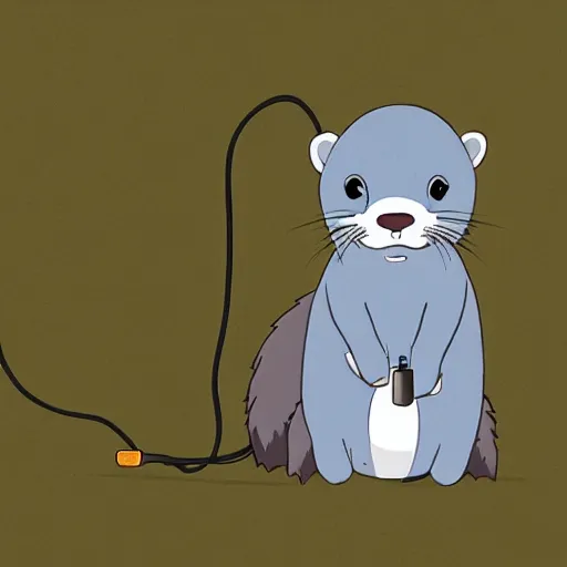 Image similar to otter with a headphone in the style of ghibli animations