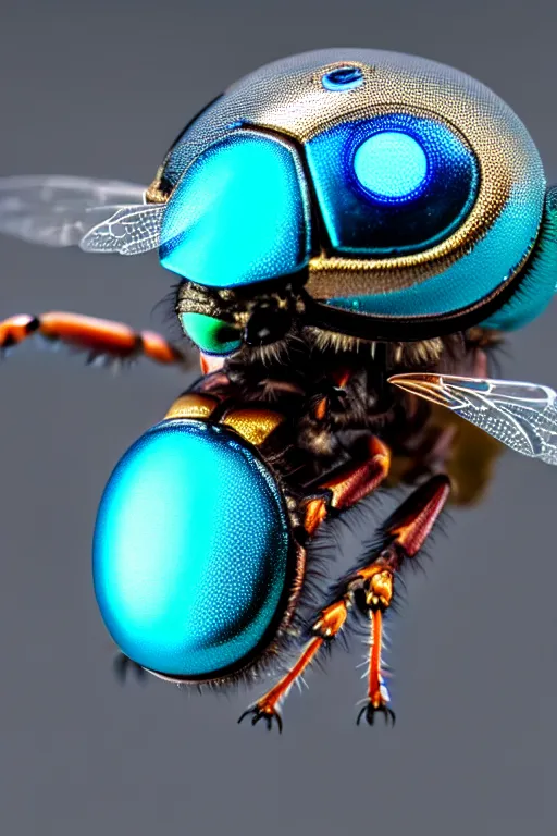 Image similar to high quality macro robot metallic tachinid fly! gorgeous highly detailed hannah yata elson peter cinematic turquoise lighting high quality low angle hd 8k sharp shallow depth of field