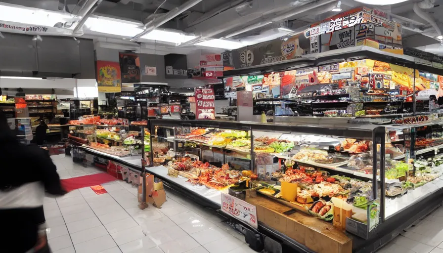 Prompt: A small stand selling sushi stands in a large supermarket that sells groceries, cinematic lighting, commercial photography