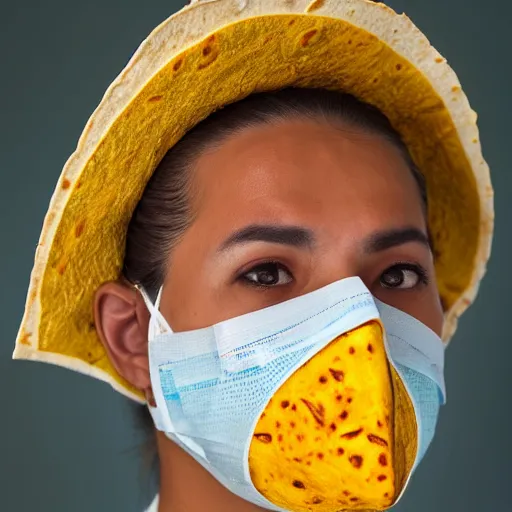 Image similar to a doctor wearing a surgical mask made from a tortilla, bold natural colors, national geographic photography, masterpiece, 8 k, raw, unedited, symmetrical balance