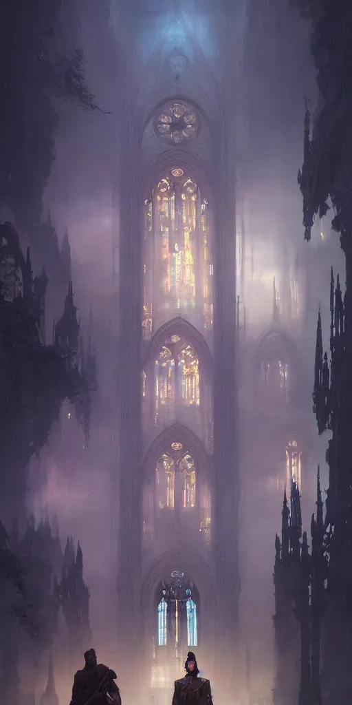 Image similar to outside of a futuristic gothic cathedral with leds, extremely detailed digital painting, in the style of fenghua zhong and ruan jia and jeremy lipking and peter mohrbacher, mystical colors, rim light, beautiful lighting, 8 k, stunning scene, raytracing, octane, trending on artstation