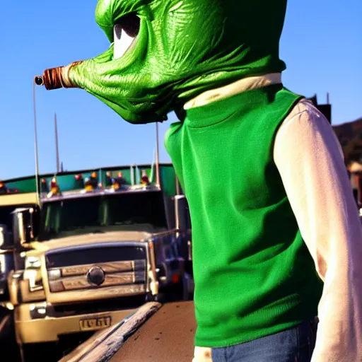 Prompt: Green alien dressed as a trucker smoking a cigarette