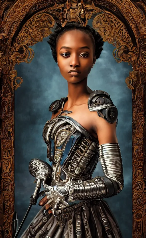 Image similar to beautiful young cyborg princess, dark skin, piercing glowing eyes, elegant, striking composition, ornate royal gown, highly detailed ornate sci fi background, mural in the style of sandro botticelli, caravaggio, albrecth durer, 8k