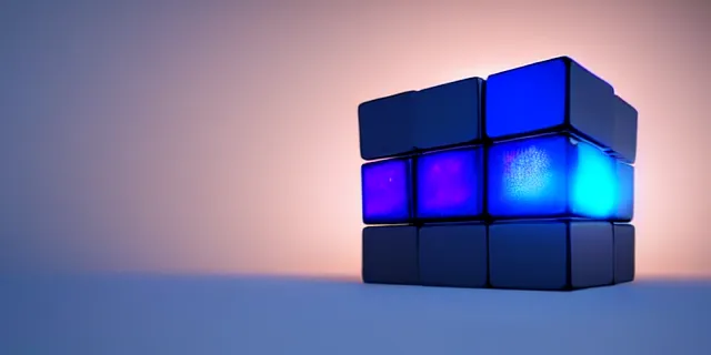 Image similar to a glowing cube surrounded by smaller cubes, atmospheric lighting, intricate, volumetric lighting, beautiful, sharp focus, ultra detailed, in the art style of bowater charlie, brom gerald, astrophotography, rendered in cinema 4 d, quantum wavetracing, rendered in maya