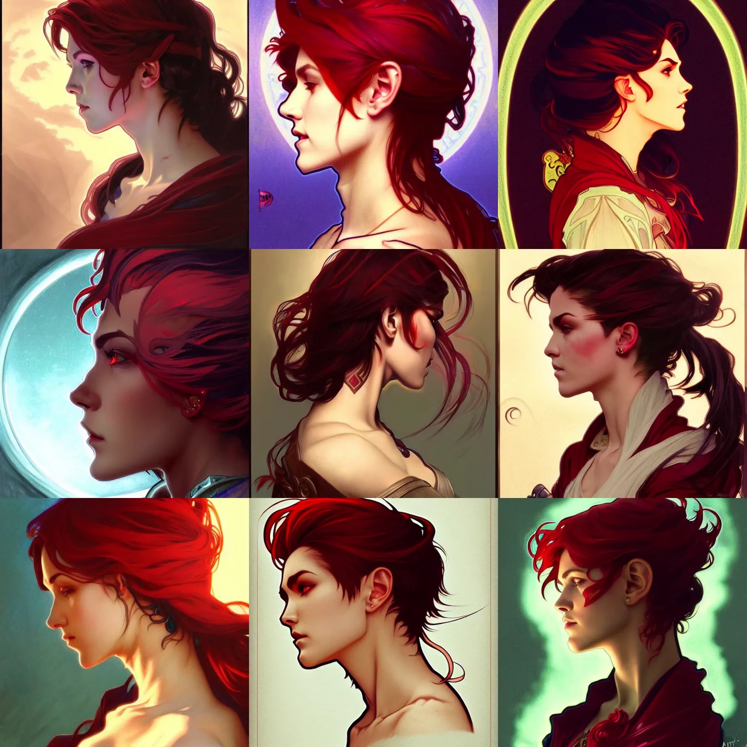 Prompt: side profile centered painted portrait, Ruby Rose as a wind sorcerer, D&D, cell-shaded, matte painting concept art, bright backlit, official fanart, 4k, Pinterest, by Alphonse Mucha - H 704