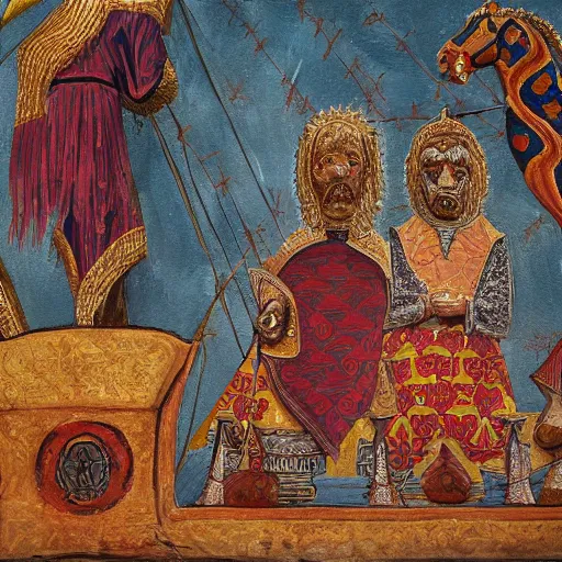 Image similar to highly detailed painting of a byzantine catafract from the game age of empires 2, oil paint on canvas, antique looking