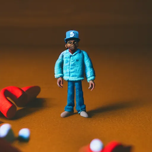 Image similar to a cinematic film still of a claymation stop motion film starring chance the rapper as a college student, shallow depth of field, 8 0 mm, f 1. 8