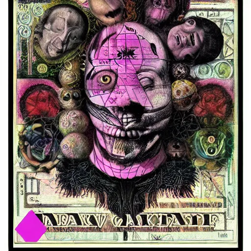 Image similar to post - punk new age album cover, asymmetrical design, frame of a dollar bank notes, capitalism, magic, apocalypse, psychedelic, black white pink, magic, giger h. r., giuseppe arcimboldo