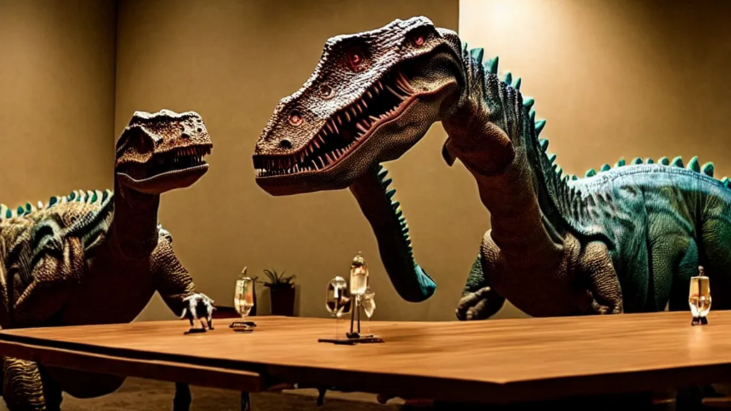 Image similar to the strange dinosaur sits at a table, made of wax and water, film still from the movie directed by Denis Villeneuve with art direction by Salvador Dalí, long lens, shallow depth of field