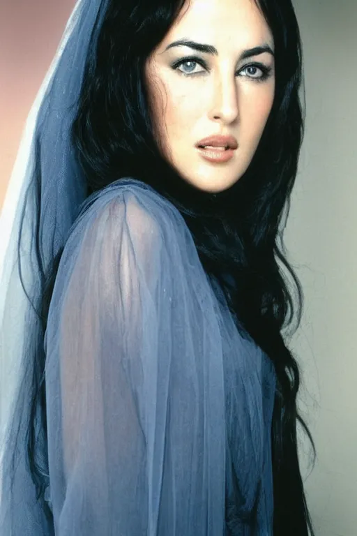 Image similar to young arab Monica Bellucci, blue eyes, long wavy black hair, white veil, closeup, focus face, colored, middle eastern