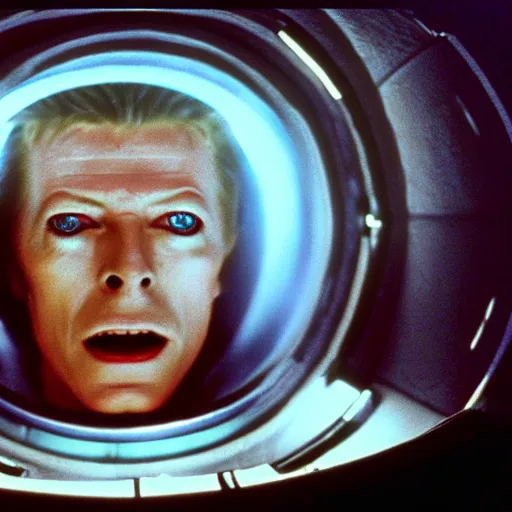 Image similar to film still of David Bowie as David Bowman in 2001 a space odyssey, 4k