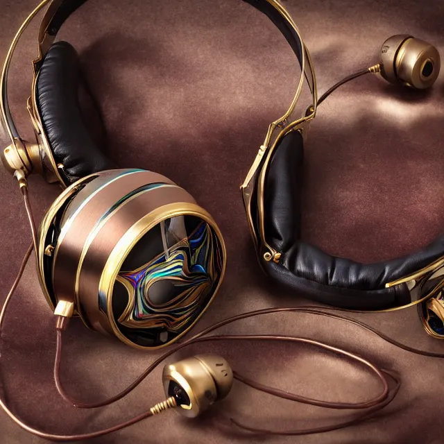 Image similar to masterpiece photo of beautiful hand crafted artistic metal headphones, bismuth rainbow metal, bismuth cups, plush leather pads, displayed on mahogany desk, modernist headphones, bismuth beautiful well designed, hyperrealistic, audiophile, intricate hyper detail, extreme high quality, photographic, audeze, sennheiser, raal, bang olufsen, abyssal