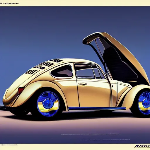 Image similar to What if Syd Mead designed a Volkswagen Beetle, gullwing side doors, concept art, trending on artstation