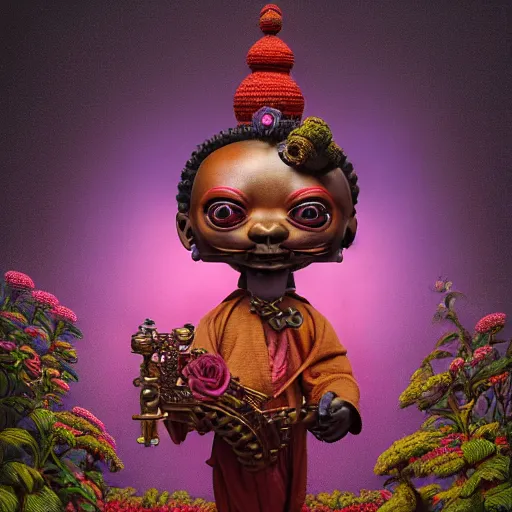 Image similar to wide angle dynamic portrait of a chibbi dogon priest in a rose garden with a red pond and a golden ornate steampunk portal, amigurumi by mark ryden and todd schorr and mark davis and zdislaw beksinski in a surreal lowbrow style, digital paint, matte paint, vivid synthwave colors, breathtaking landsape