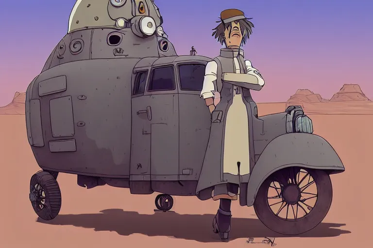 Image similar to a study of a cell shaded cartoon of a grey mechanized punk from howl's moving castle ( 2 0 0 4 ), on a desert road, full body, wide shot, very muted colors, post grunge, studio ghibli, laurie greasley, highly detailed, deviantart, art by artgem