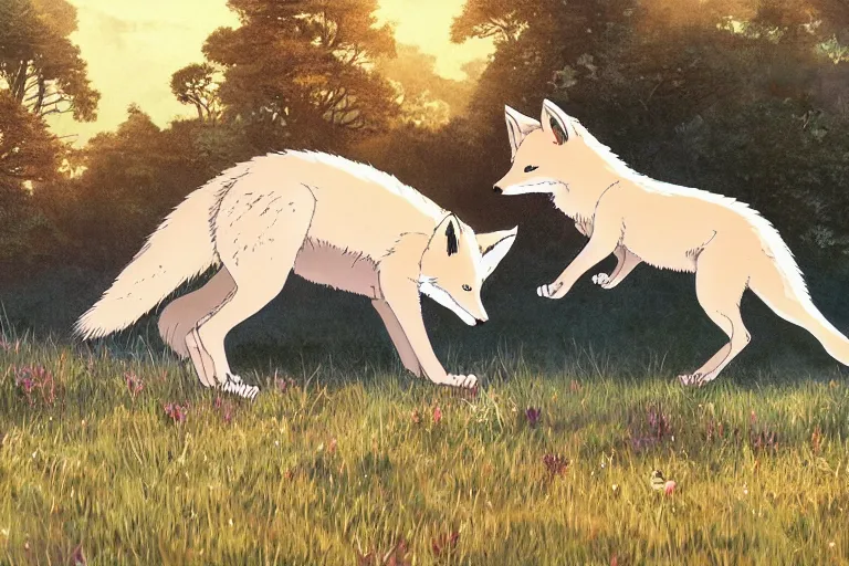 Image similar to white fox and red fox running through the meadow hill, forest on the horizont, beautiful ambiance, golden hour, studio ghibli style, by hayao miyazaki, tom moor, sharp focus, highly detailed,