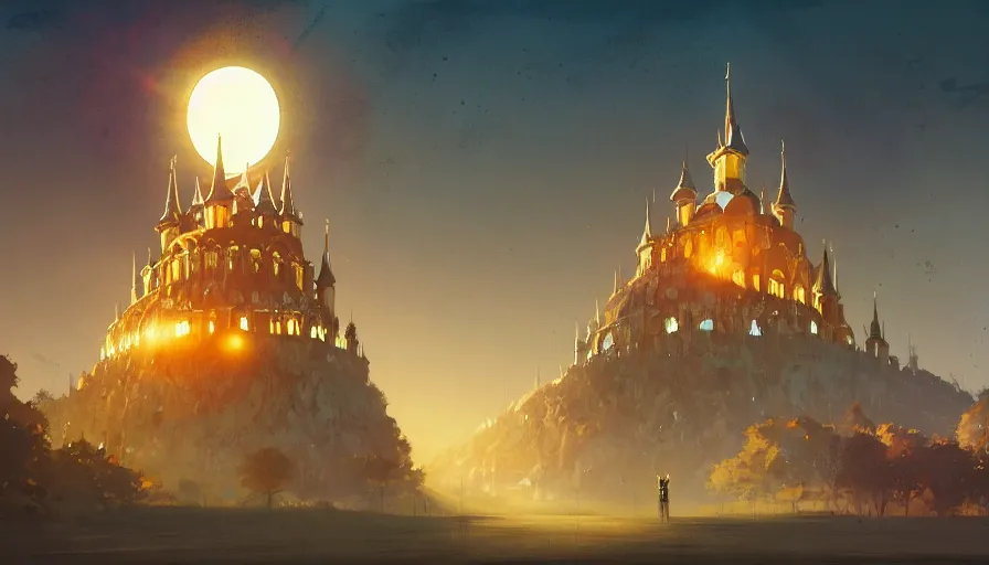 Image similar to ismail inceoglu and jama jurabaev's concept art, cel shadows, film shooting, trends on artstation, high quality, brush strokes, bright colors, incomparably magnificent golden gothic castle palace complex, a huge golden eclipse halo. ghibli, ring of mecha, extremely beautiful, magnificent perspective lens