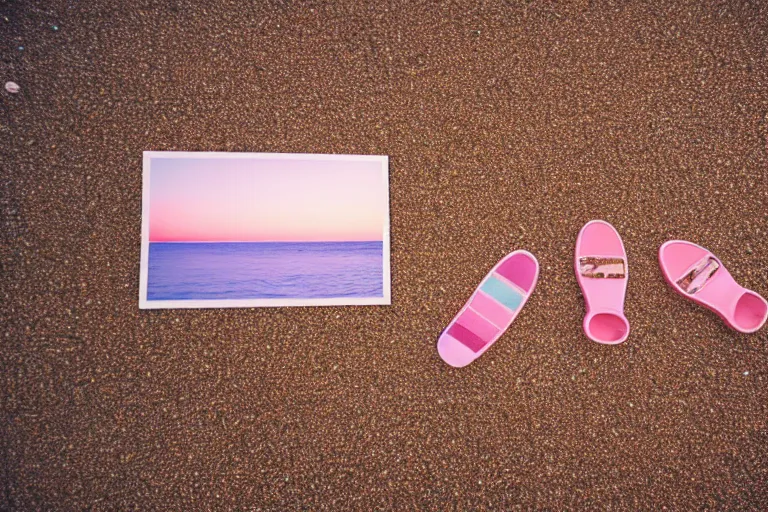 Prompt: a vintage family holiday photo fuji kodak of an empty beach shore with pastel pink sand reflective metallic water and sunbathing equipment at dusk.